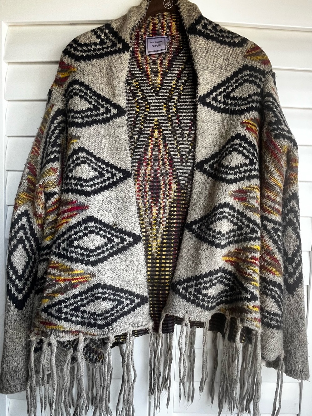Vintage Aztec Fringe Cardigan Sweater - Neutral & Black with multicolor Accents